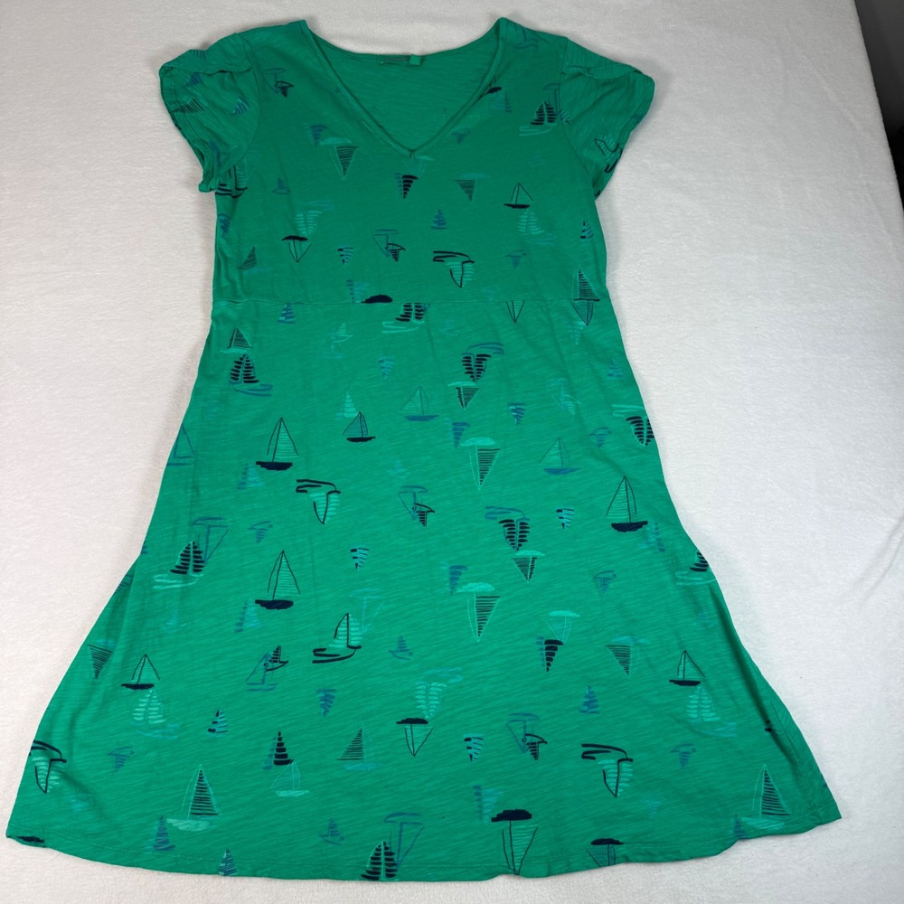 Fresh Produce Sailboat Print Dress Womens XL Green Cotton Coastal Resort V-Neck